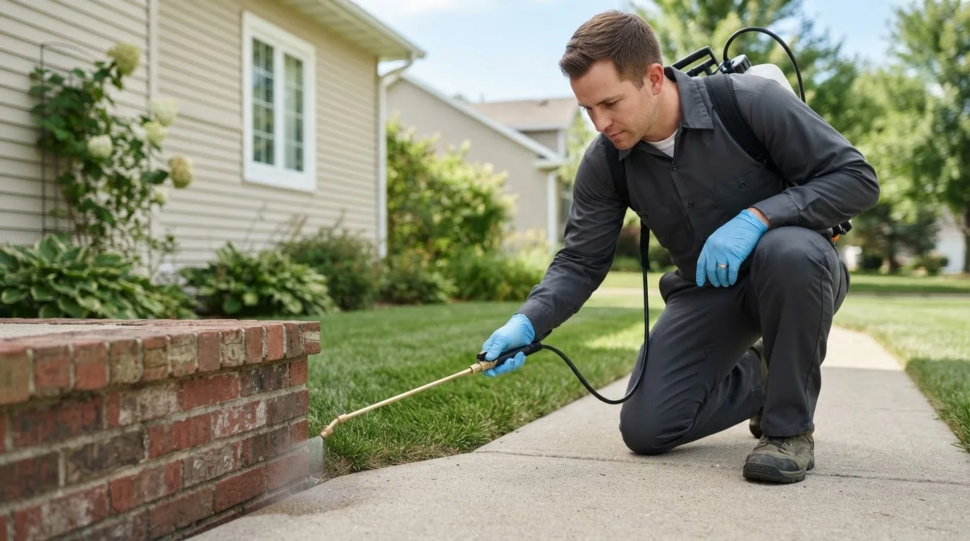 Pest control technician treating a home near New Canton, VA